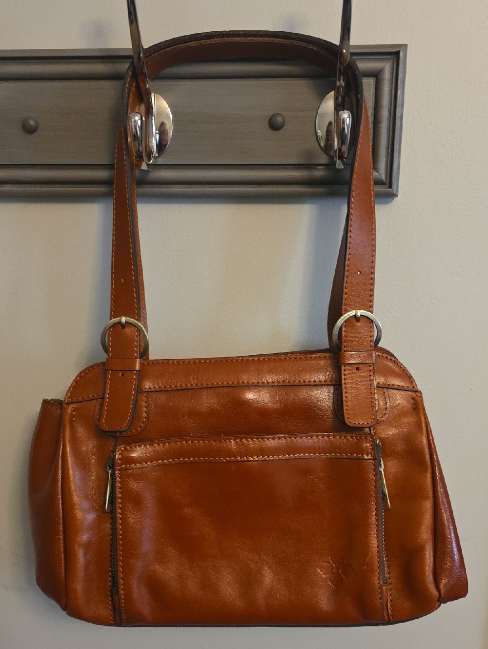 Patricia Nash Cognac Brown Leather Shoulder Bag with Ring Strap Accents